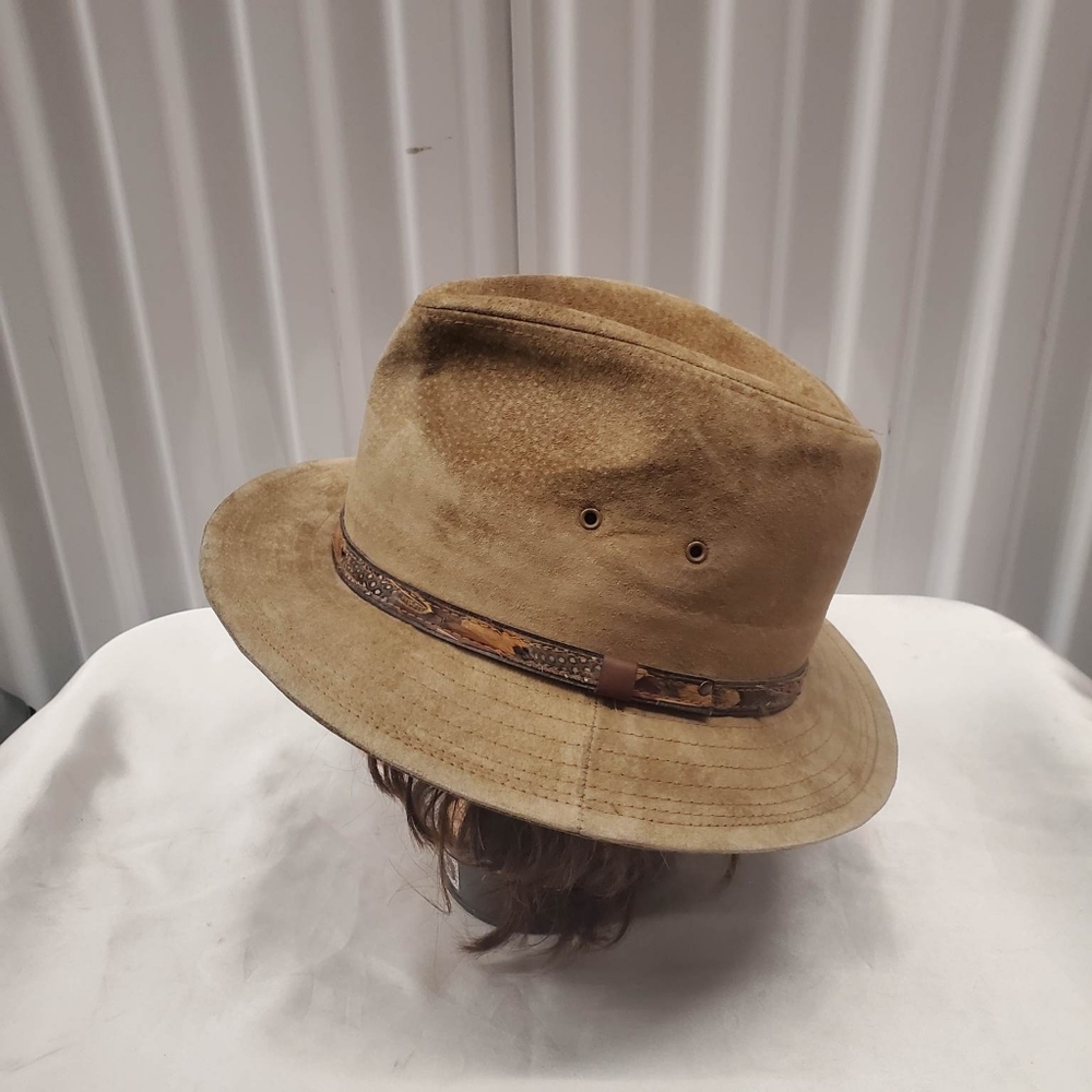 Vintage 70s Suede Fedora Hat Leather Band Tan Brown Structured Union M - Picture 2 of 7